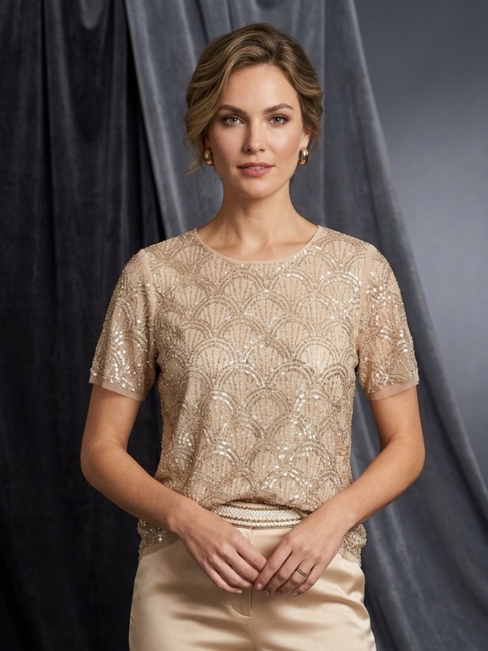 NWT Adrianna Papell Sequin Blouse Top Champagne L